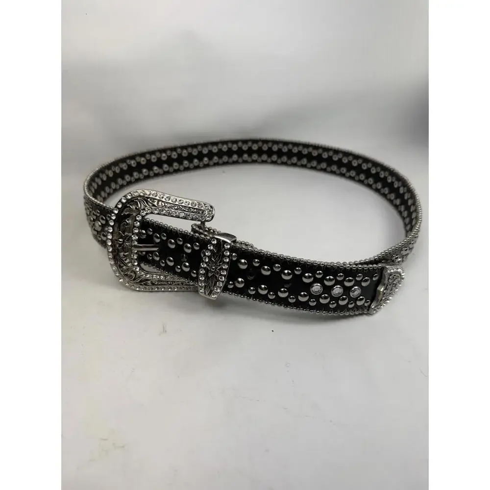 RhiO Leather Belt Studded Rhinestone Western Rocker Cowgirl Glam Size L Silver